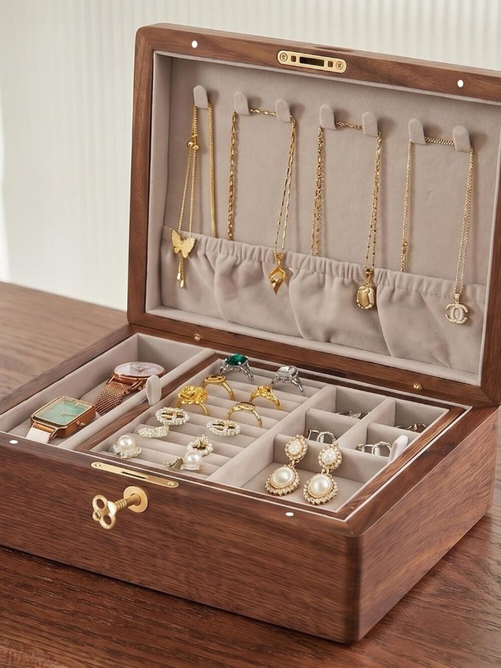 Elegant 2-Layer Walnut Jewelry Box with Lock & Velvet Lining - Vintage Charm